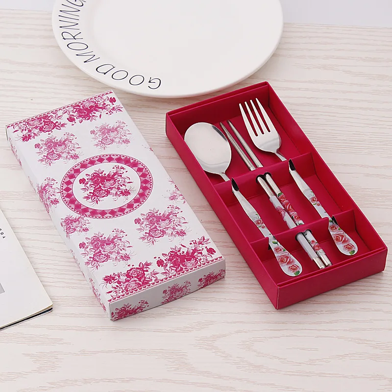 Korean Style Double Fish Pattern Stainless Steel Spoon Chopsticks Gift Set  Stripe Design Boxed Utensils for Everyday... view 5