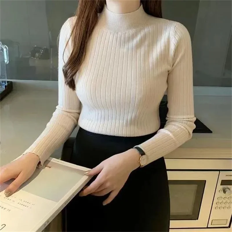 2024 New Women Pullover High Elasticity Knitted Ribbed Slim Jumper Autumn Winter Basic Female Sweater Truien Turtleneck Sweater