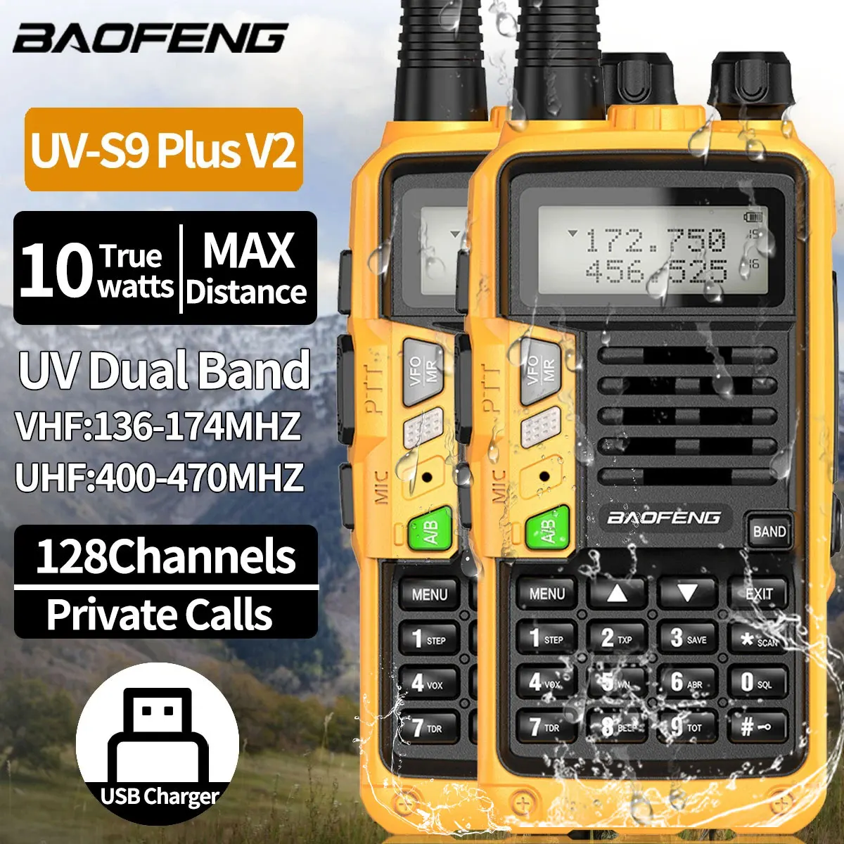 

2 шт. BAOFENG UV-S9 PLUS V2 Водонепроницаемая рация дальнего действия профессиональный портативный приемопередатчик двухдиапазонный 2-сторонний охотничий радиоприемник