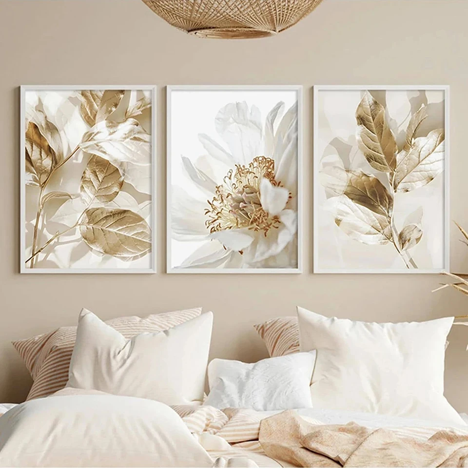 Mosaic Diamond DIY 3PCS Frameless White Floral Golden Leaves Full Diamond Painting Cross Stitch Kits Living Room Home Decor