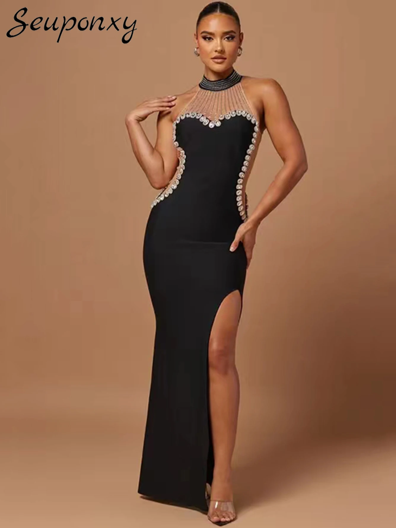 

High Quality 2024 Women'S Sexy Sleeveless O-Neck Luxurious Diamond Crystal Mesh Patchwork Celebrity Party Bandage Long Dress