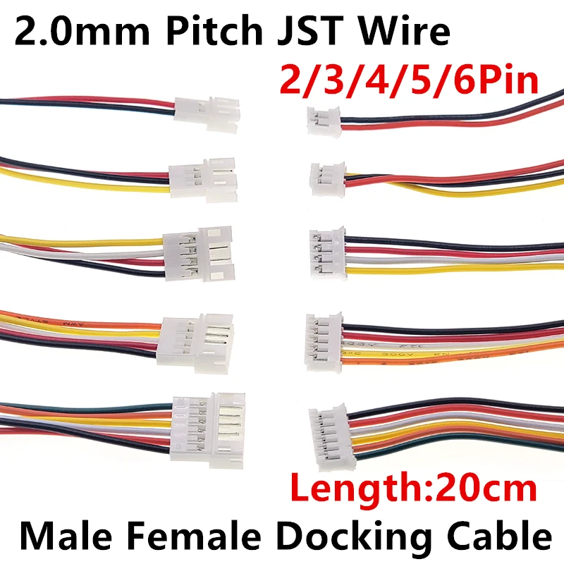 PH2.0 JST Wire Connectors 2.0mm Pitch 26AWG 2/3/4/5/6Pin JST 2Pin Micro Male Plug Female Jack DIY Electrical Cable Adapter 20CM