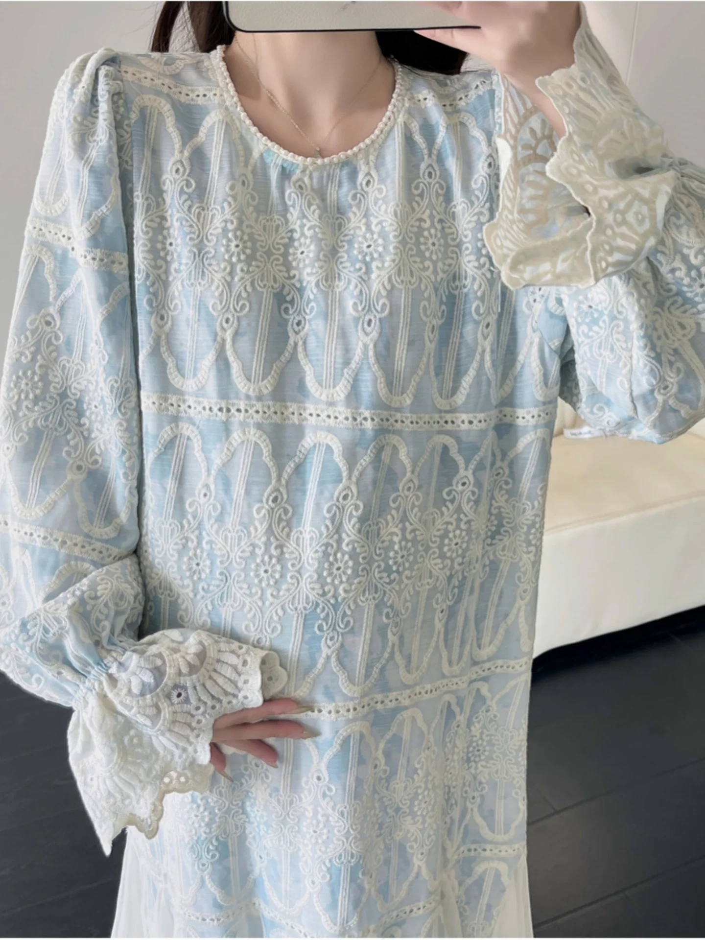 slimming-embroidered-mesh-paneling-dress-for-pregnant-women-fashionable-long-a-line-skirt-french-style-maternity-clothing