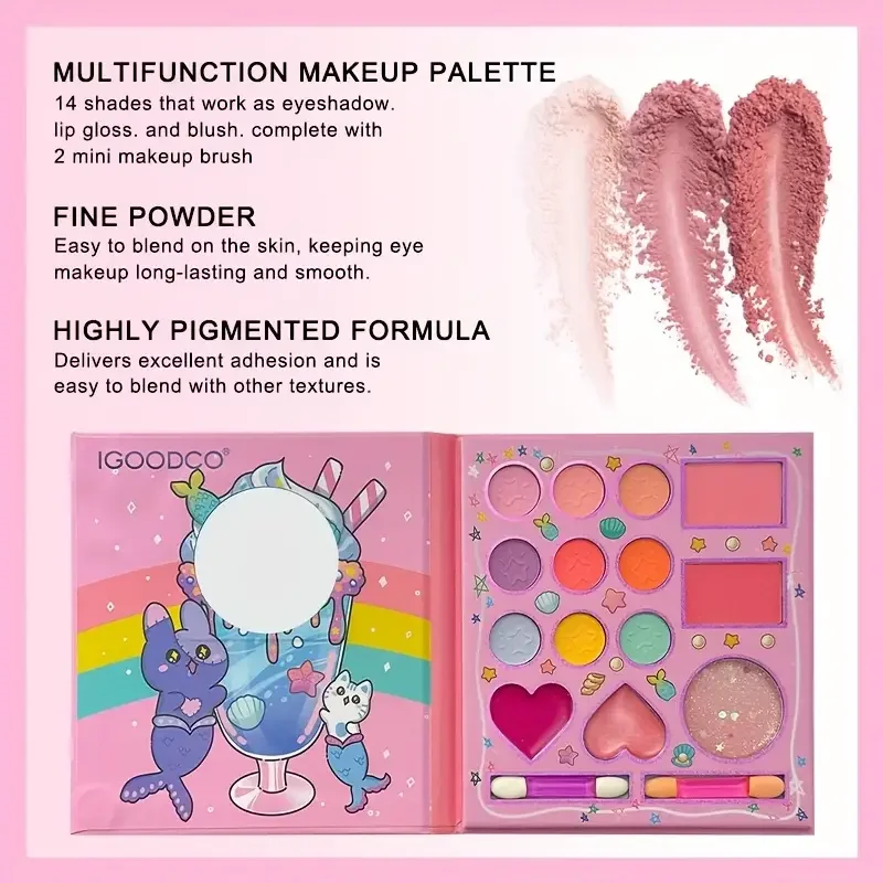 Paleta de maquiagem de desenho animado de 14 cores, sombra com glitter rosa, lantejoulas foscas e brilho fino, para maquiagem diária feminina, festas de fim de ano