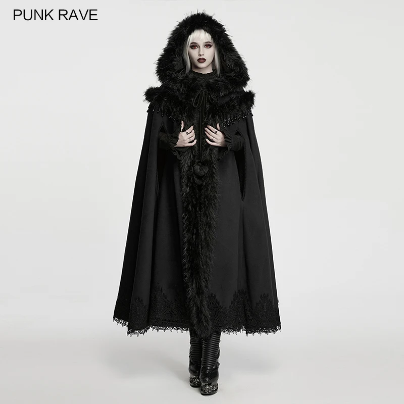 PUNK RAVE Women's Gothic Woolen Plush Lining Cloak Hooded Design Winter Warm Handmade Bead Decoration Party Club Gorgeous Coat