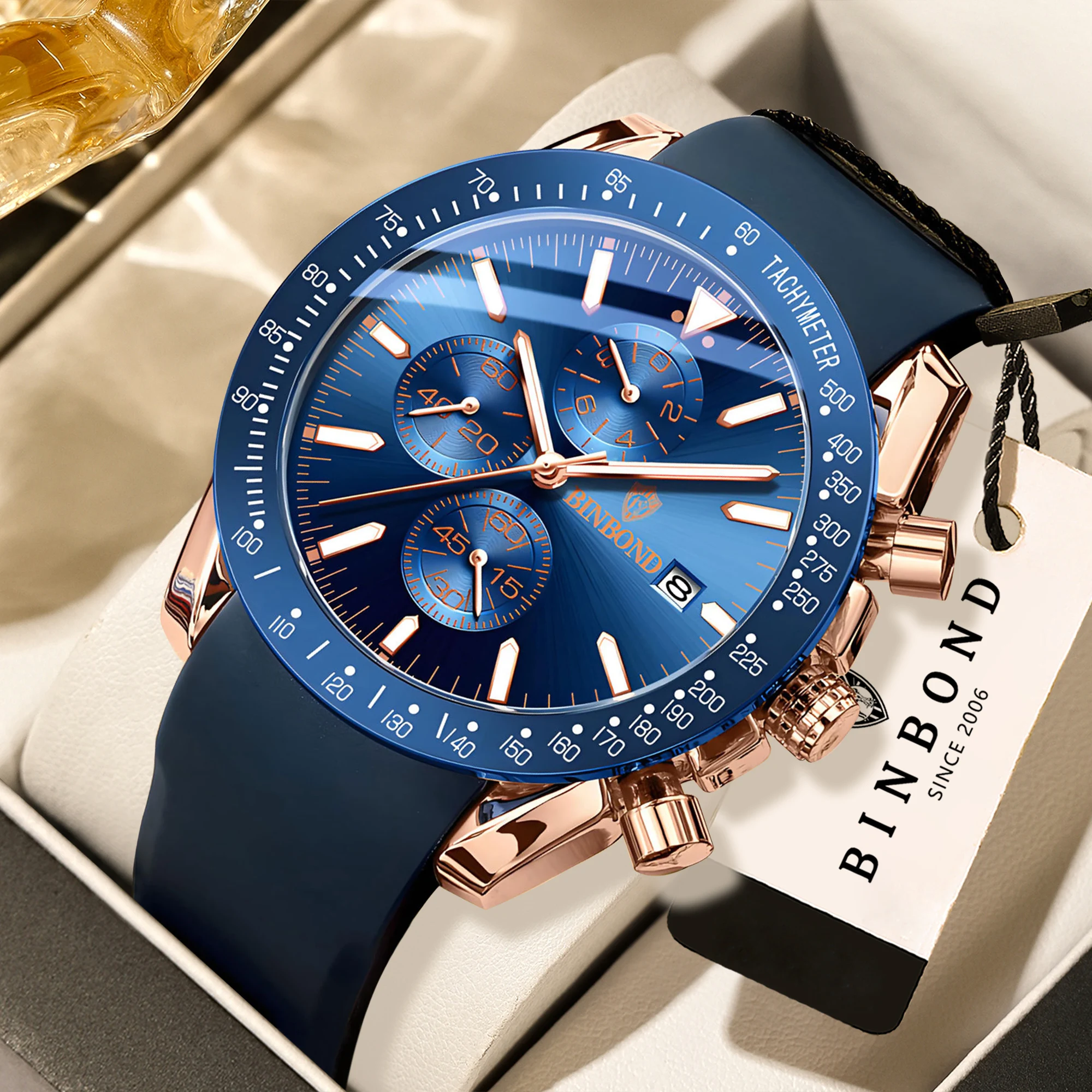 BINBOND Luxury Luminous Waterproof Reloj Chronograph Men's Watch Quartz Wristwatches For Men Zegarek Wodoszczelny Meski+Box