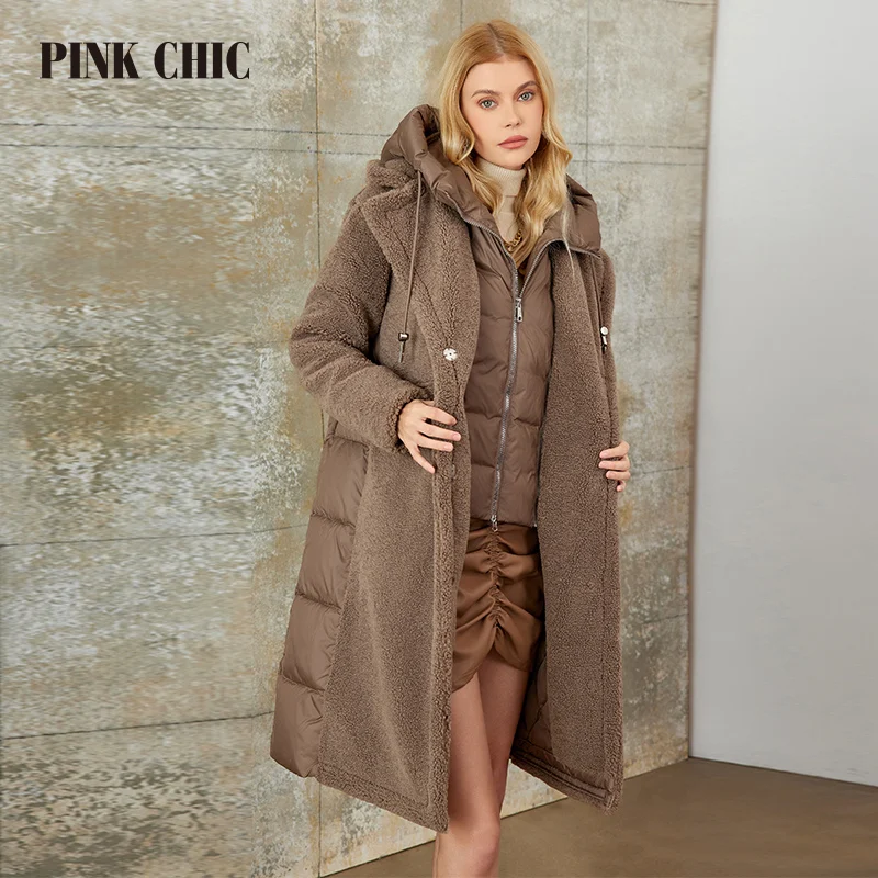 PINK CHIC 2023 New Winter Coat Women Down Jackets Quilted Faux Fur Hooded Long version Parka Female Coat W8263