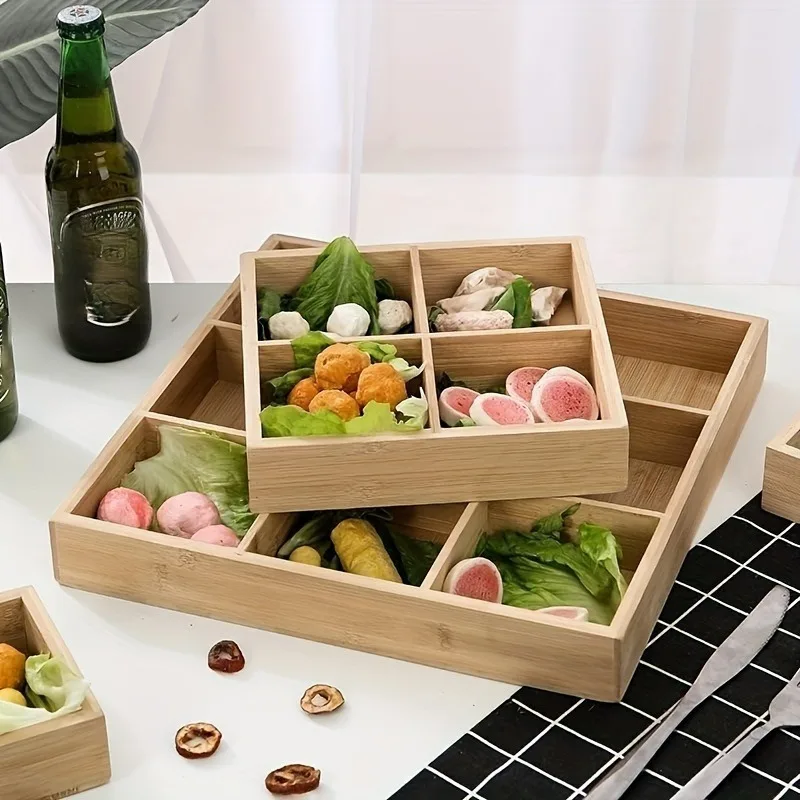 

9-compartment Multifunctional Bamboo Partition Box, Snack Box, Fruit, Nut And Candy Box, Hot Pot Box - Suitable For Kitchen, Co