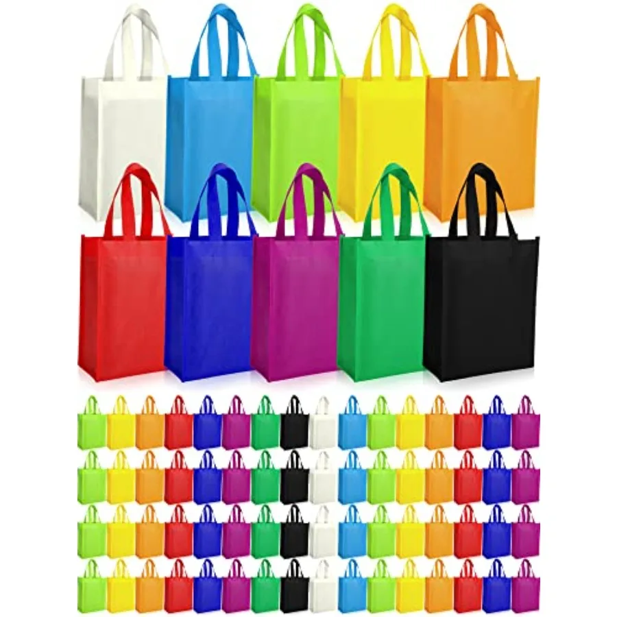 

100 Pcs Non Woven Tote Bags Large Reusable Gift Grocery Foldable Fabric Shopping Bags Multi Color Party Treat Reusable Goodie T