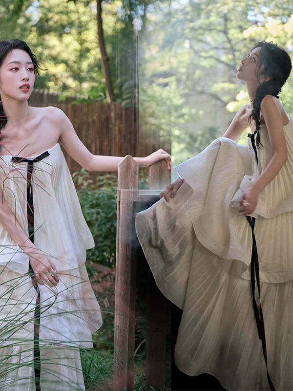 

Romantic White Strapless Gown with Sashes Layered Photography Women's Clothing Spring 2026 Ethnic Stage Costume Female Model