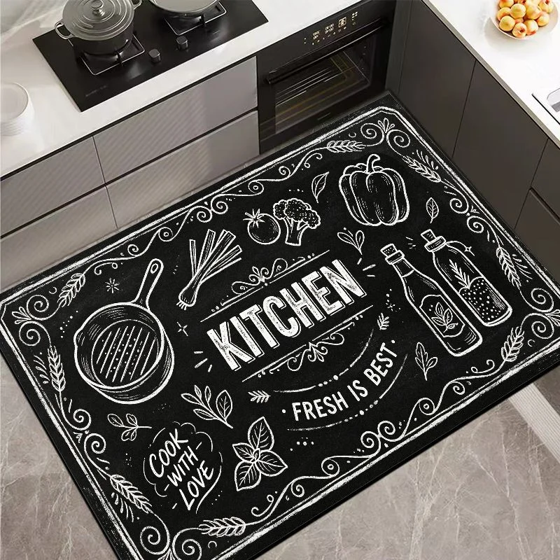 VIKAMA Simple Black Background Kitchen Sketch Floor Mat Set Durable Thin Waterproof Long Carpet Kitchen Home Decor