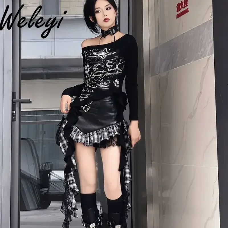 

Punk Waist Hottie Skirt Sets Cool Fringed Top Autumn and Winter New Black Leather Jacket Women Printed Plaid Splicing Hip Skirt