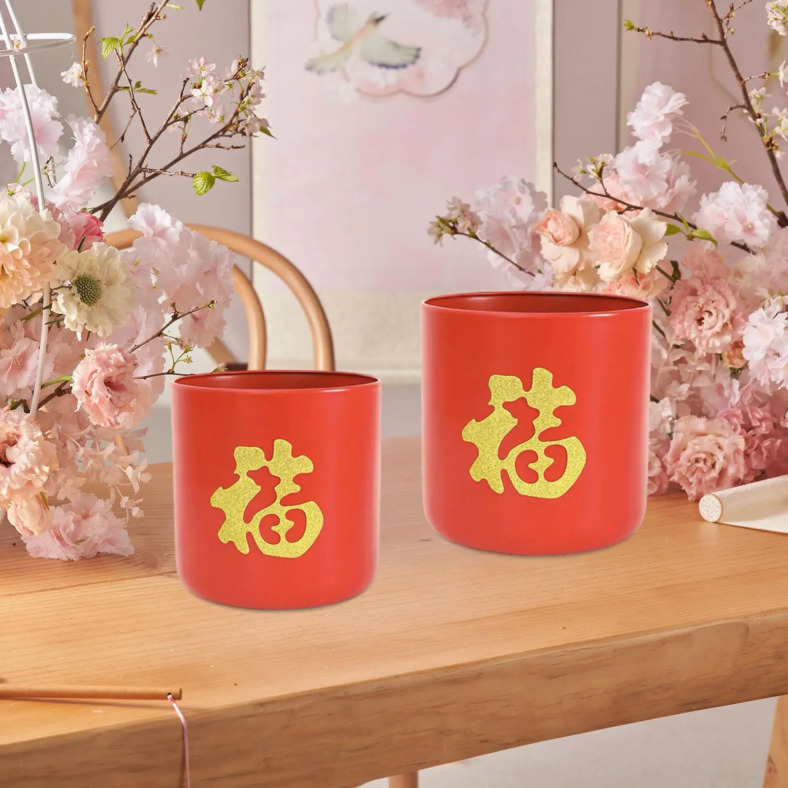 2 Pieces Chinese New Year Decoration Flower Pot Fu Character Vase Decor Planter