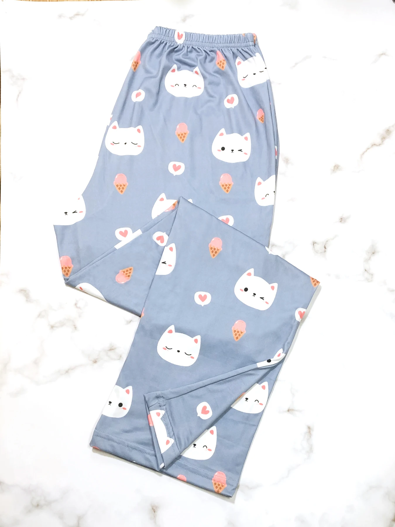 Allover Prints Cartoon Cat Women Pajamas Set Summmer Sleepwear Sleeveless Spaghetti Strap Top & Pants Grey Blue Cute Casual