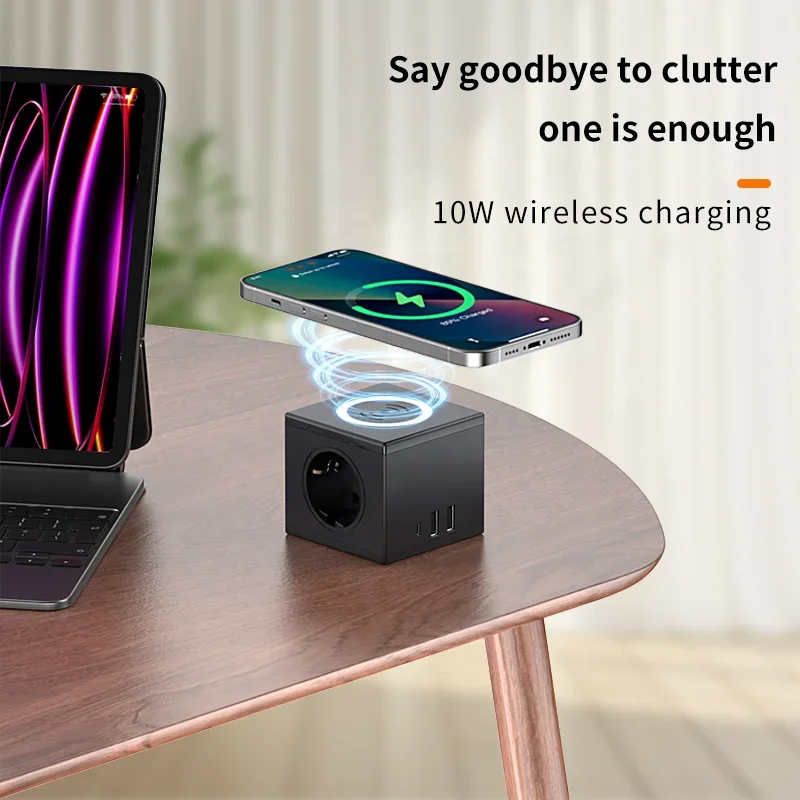 PD 20W 스마트 고속 충전기 2개의 EU 전원 콘센트 10W 무선 충전 큐브 다기능 전원 소켓 USB 포함