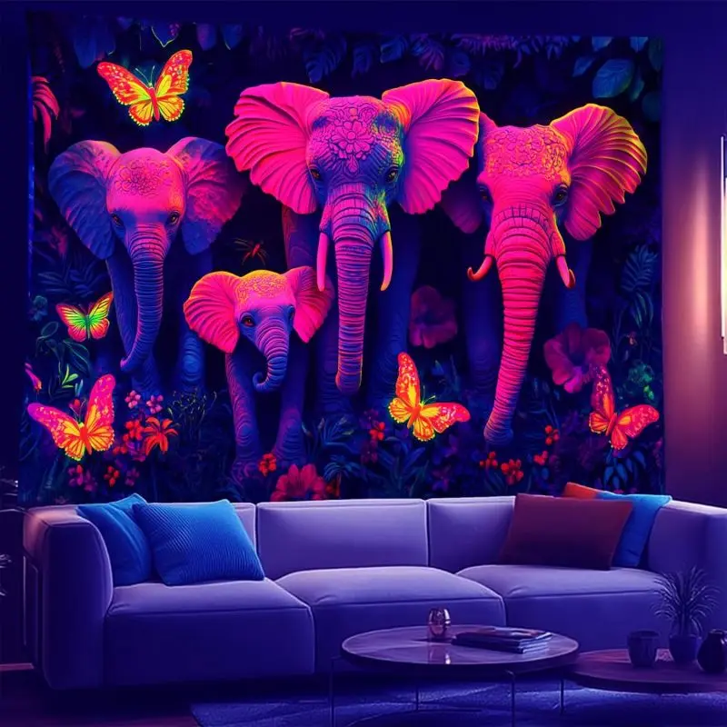 VIKAMA Trippy Elefanten-Wandteppich, leuchtet im Dunkeln, Neon-Dschungelblumen-Wandbehang, psychedelische Dekoration für Schlafsaal, Spielzimmer