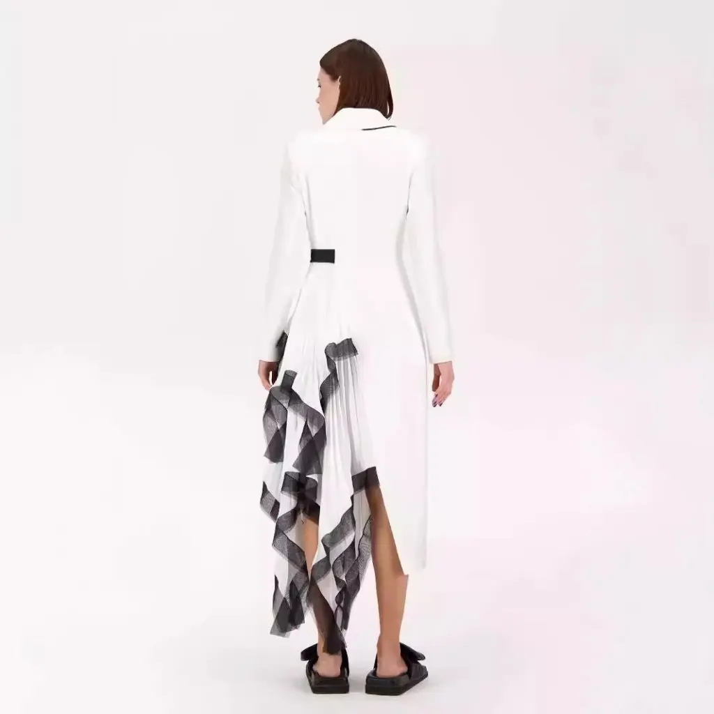 

Design Sense Women's Asymmetric Pleated Scattered Ruffled Contrast Color Long Suit Jacket Niche Dress Spring Collection