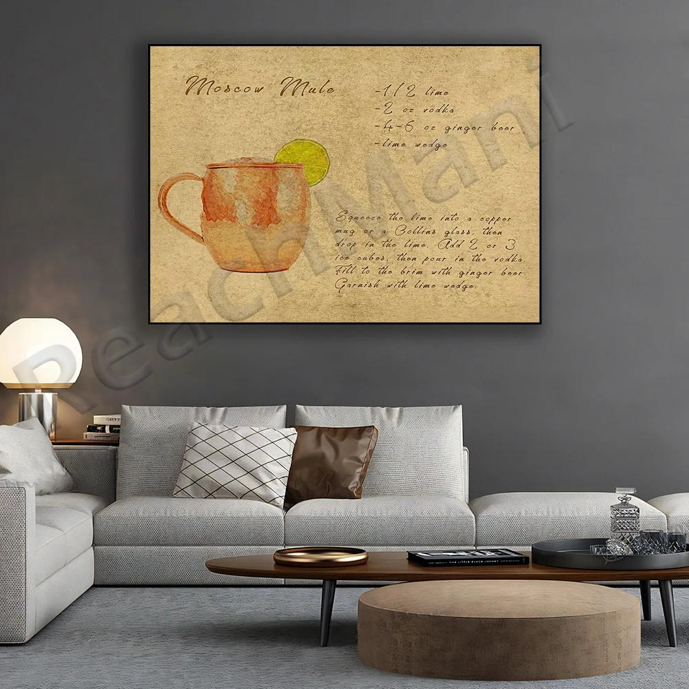 Póster de topo de Moscú, impresión de recetas de bebidas, impresión de bebidas de cóctel, impresión de recetas de bebidas de mula de Moscú, arte de bar, pintura de cóctel