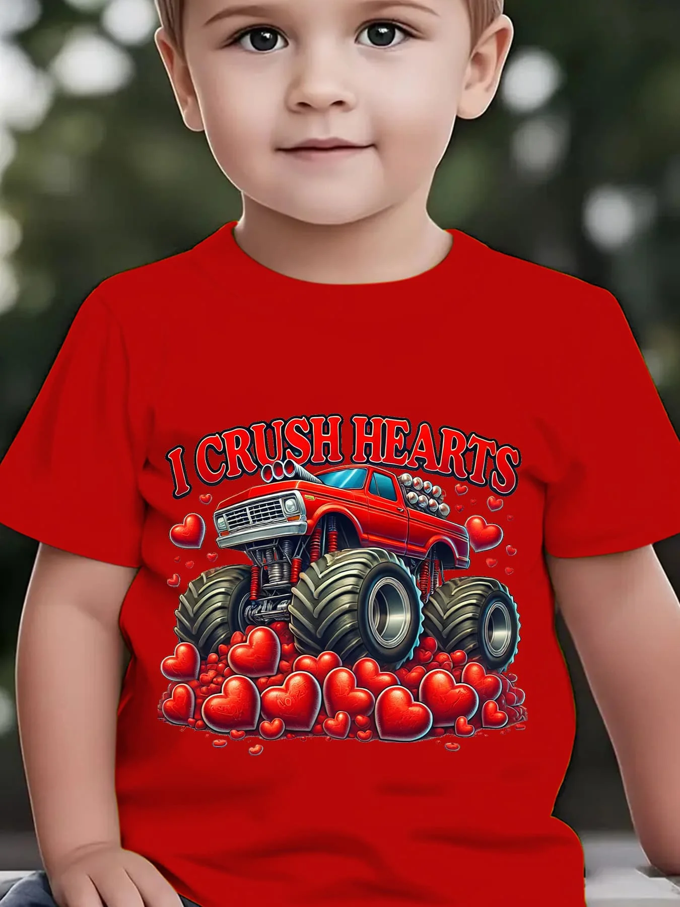 NY‑DX7508 Boys Valentine‑Themed I‑CRUSH‑HEARTS‑Truck‑Heart‑Print Casual Summer Crew‑Neck Short‑Sleeve T‑Shirt