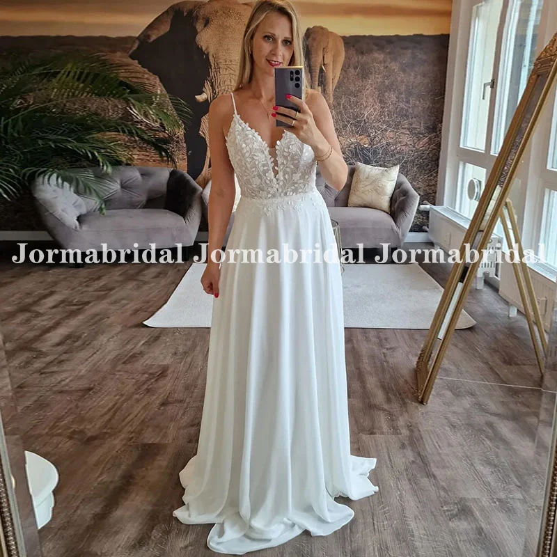 Summer Beach Wedding Dress for Women Customized Spaghetti Straps V-Neck Lace Applique Boho Bride Gown Lightweight suknia ślubns