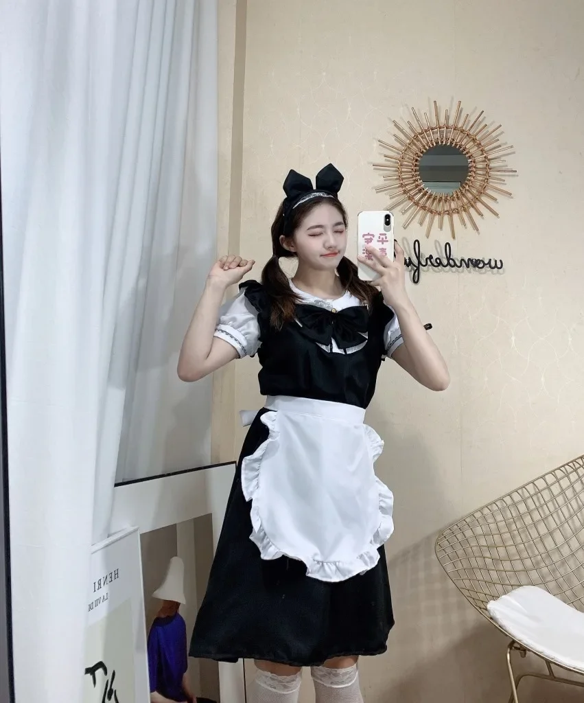 Black White Cute Maid Outfit Lolita Dress Girls Women Sweet Maid Cosplay Halloween Costume Dresses Outfit Performance Suit