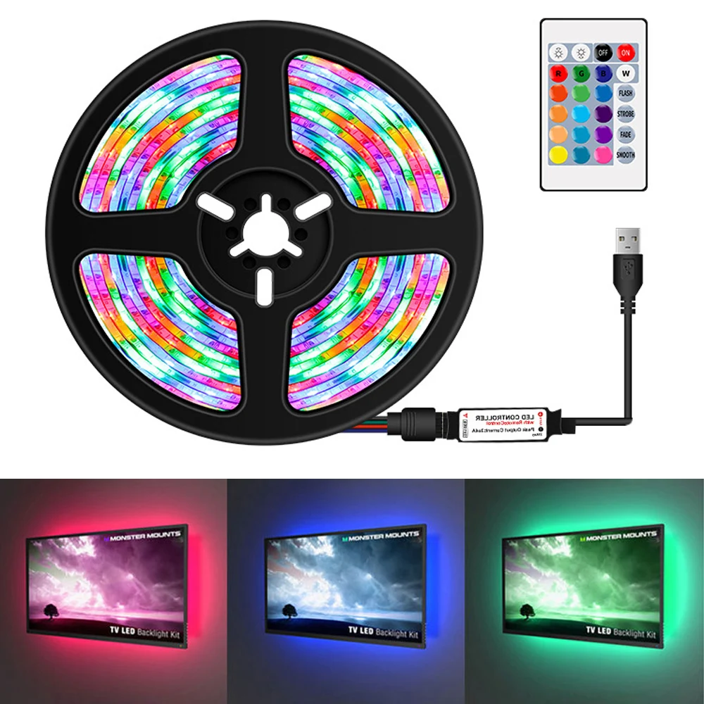 Tira de luces LED RGB para decoración de sala de estar, iluminación de fondo para TV, PC, USB, 2835, 0,5 m- 5m, Blanco cálido, 5 V