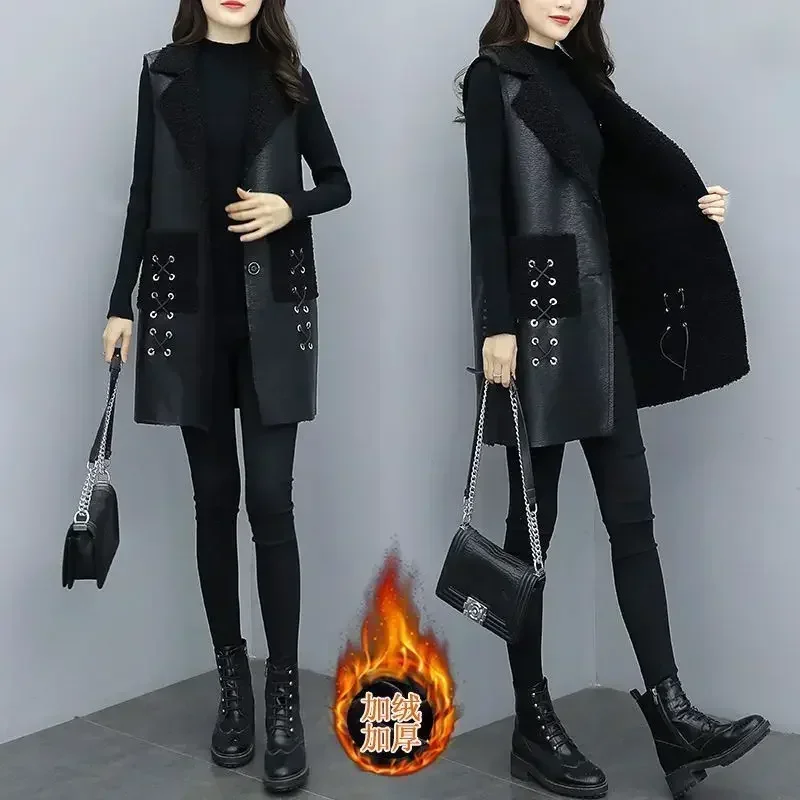 Winter wool Leather Vest Women\'s Clothing 2025 PU Jacket Korean Solid Sleeveless Vest Mid Long Coat Female Waistcoat Outerwear