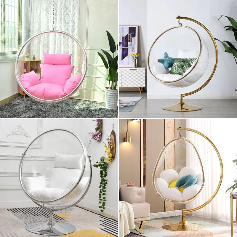 Luxury modern arm clear gold acrylic golden egg acrylic swing sofa bubble chair with stand acrylic hanging transparent