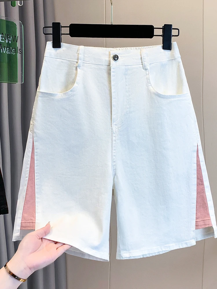 Summer 2026 plus Size Straight Leg Stretchy Casual Korean Style Jeans Five-Point Pants Loose Fit High Waist Pure Color