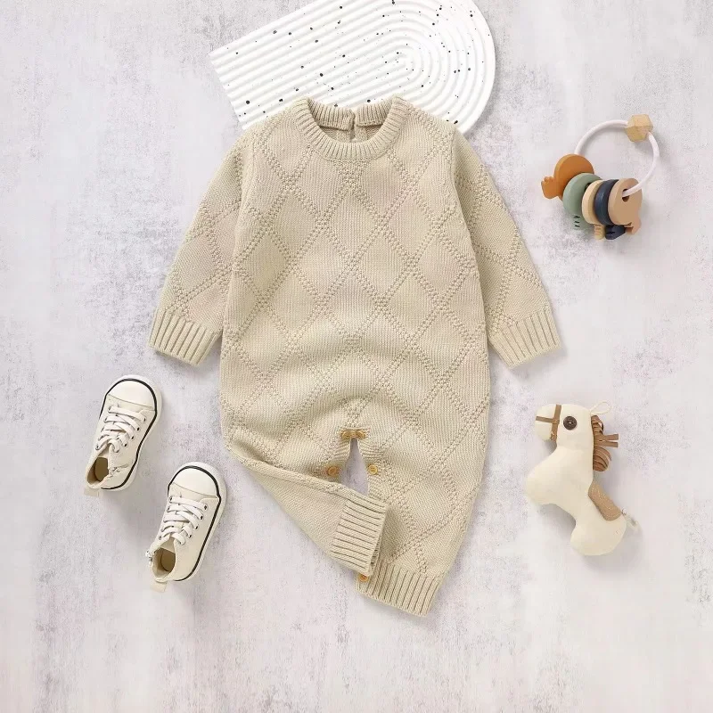 New Spring Autumn Solid Color Knitted Acrylic Long Sleeve 1-18 Months Newborn Baby Boys and Girls Rompers Jumpsuit Bodysuit