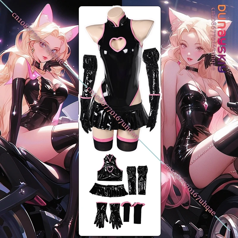 

Halloween Demon Cosplay PU Black Jumpsuit Costumes Sexy Tight Body Women's Dresses Glove Headdress Sock Set For Halloween Outfit