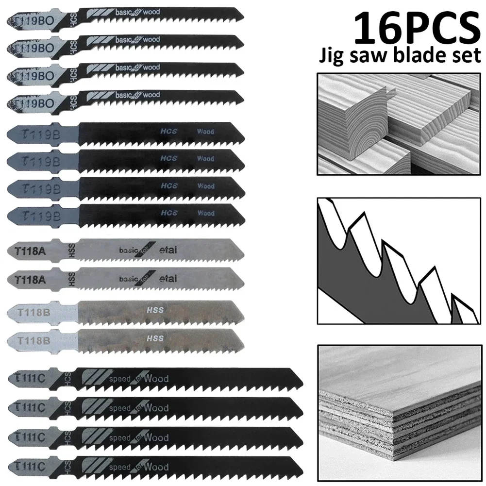 Professional Cutting Tools 16pcs JigSaw Blades Set Metal For Wood Assorted Blades For For Wood Plastic MetalCutting