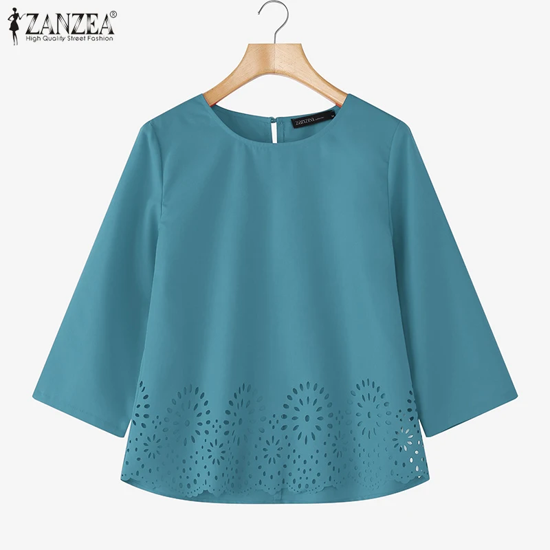 

ZANZEA Women Openwork Hem Elegant Blouses 2025 Spring Fall Round Neck 3/4 Sleeve Blusas Mujer Everyday Casual Solid Color Tops