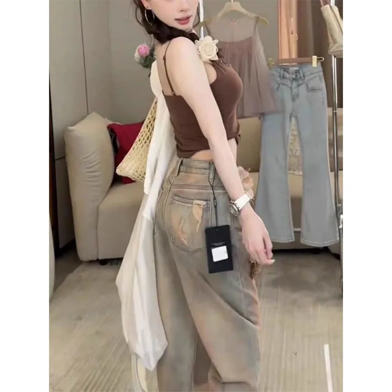 American Distressed Jeans for Women with Floral Three-dimensional Straight Wide-leg Floor-length Trousers