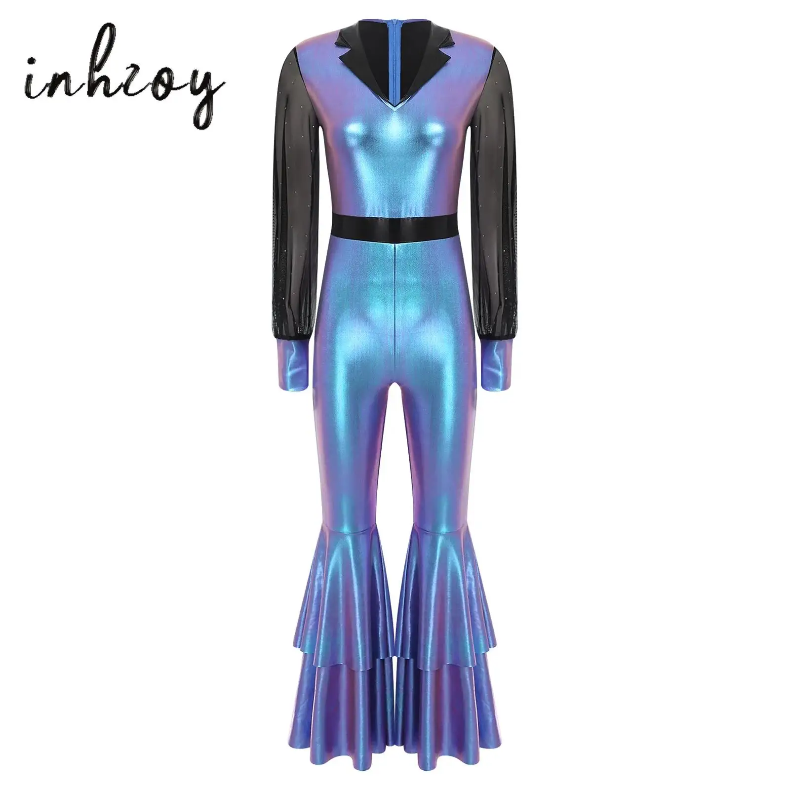 

Women 70s 80s Disco Dance Rompers Mesh Long Sleeve Tiered Flared Bell-bottomed Pants Metallic Shiny Jumpsuit Playsuits Dancewear