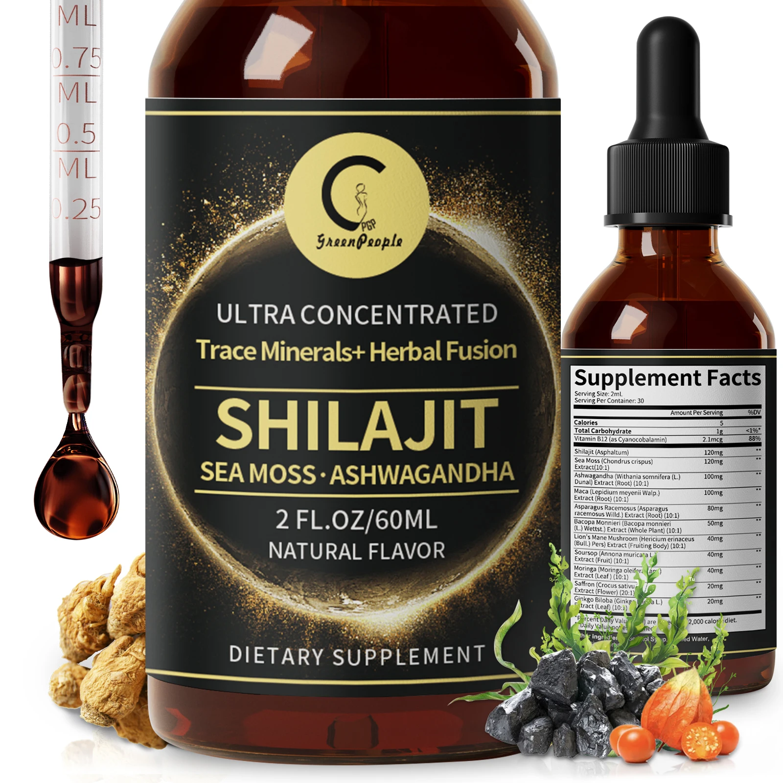 

Shilajit Liquid Drops with Sea Moss, Ashwagandha, Maca, Moringa Liquid Vitamins for Women and Men -Trace Minerals+HerbalFusion