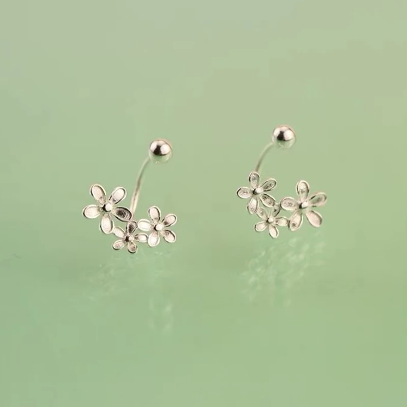 Real 925 Sterling Silver Flower Bead Screw Plant Stud Earrings For Women Classic Fine Jewelry Light Luxury Accessories