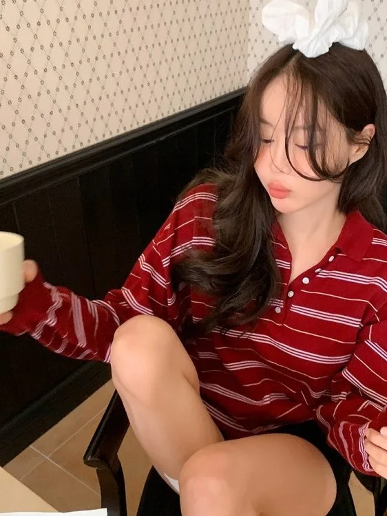 

Корейский трикотаж в полоску Sle Ne Color Blo, женский свободный крой, мягкий универсальный топ в американском стиле ретро, весеннее новое поступление