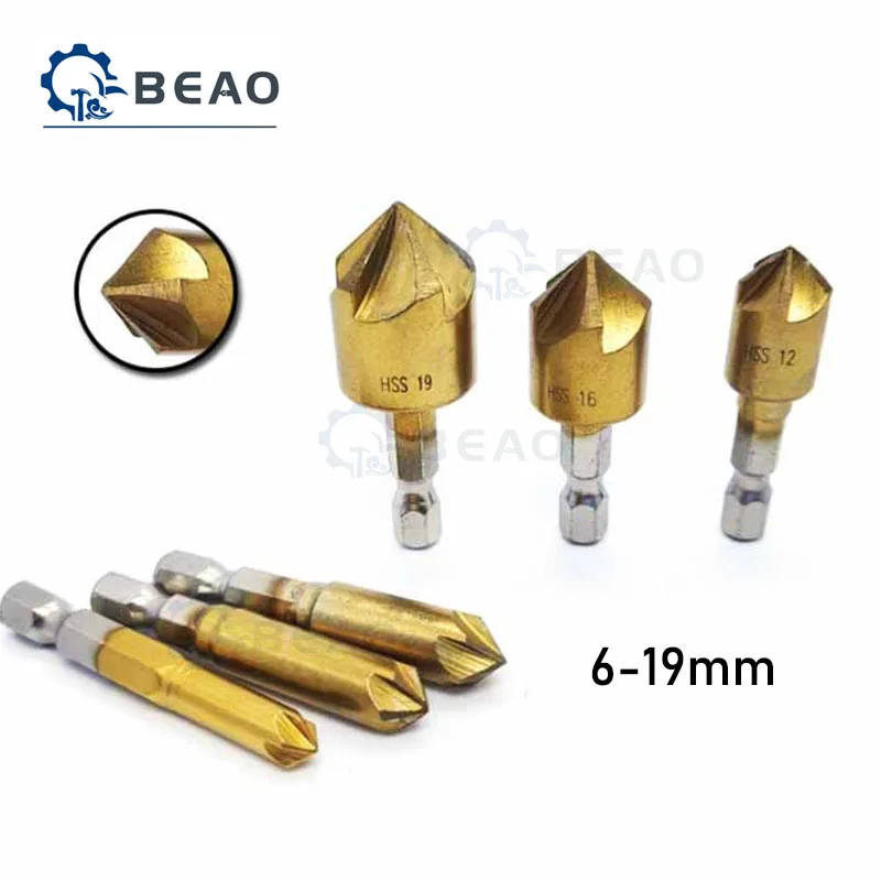 3/6Pcs  HSS 1/4'' Hex Shank Countersink Drill Bit Set 5 Flute Countersink 90 Degree Wood Chauffeuring Cutter Chamfer