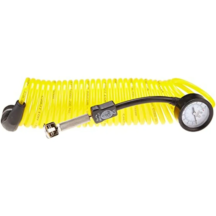 5 in 1 Deflator/Inflator with 25' Extension Coil Hose Yellow for Air Mattress Inflatable Pool and Outdoor Gear