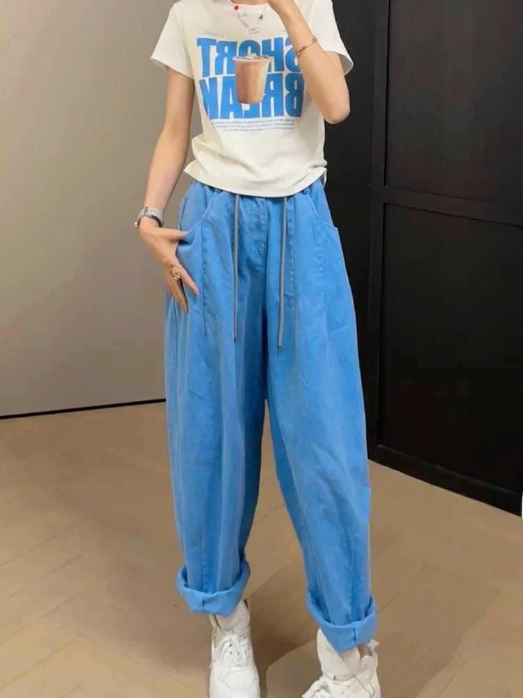 

Blue Elastic Waist Harem Denim Pants Women's Summer New Thin Faion Age Reduction Versatile Straight Leg Long Trousers