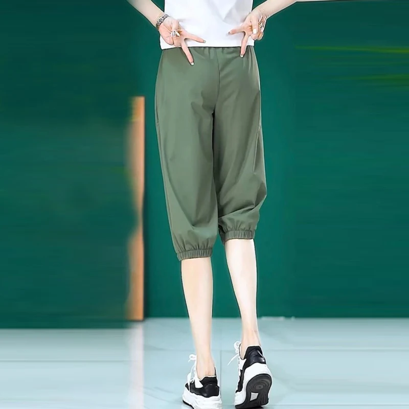 Clothes for Women 2024 Summer Korean Fashion Quick Drying Ice Silk Capris Pants Female High Waist Casual Solid Cropped Trousers