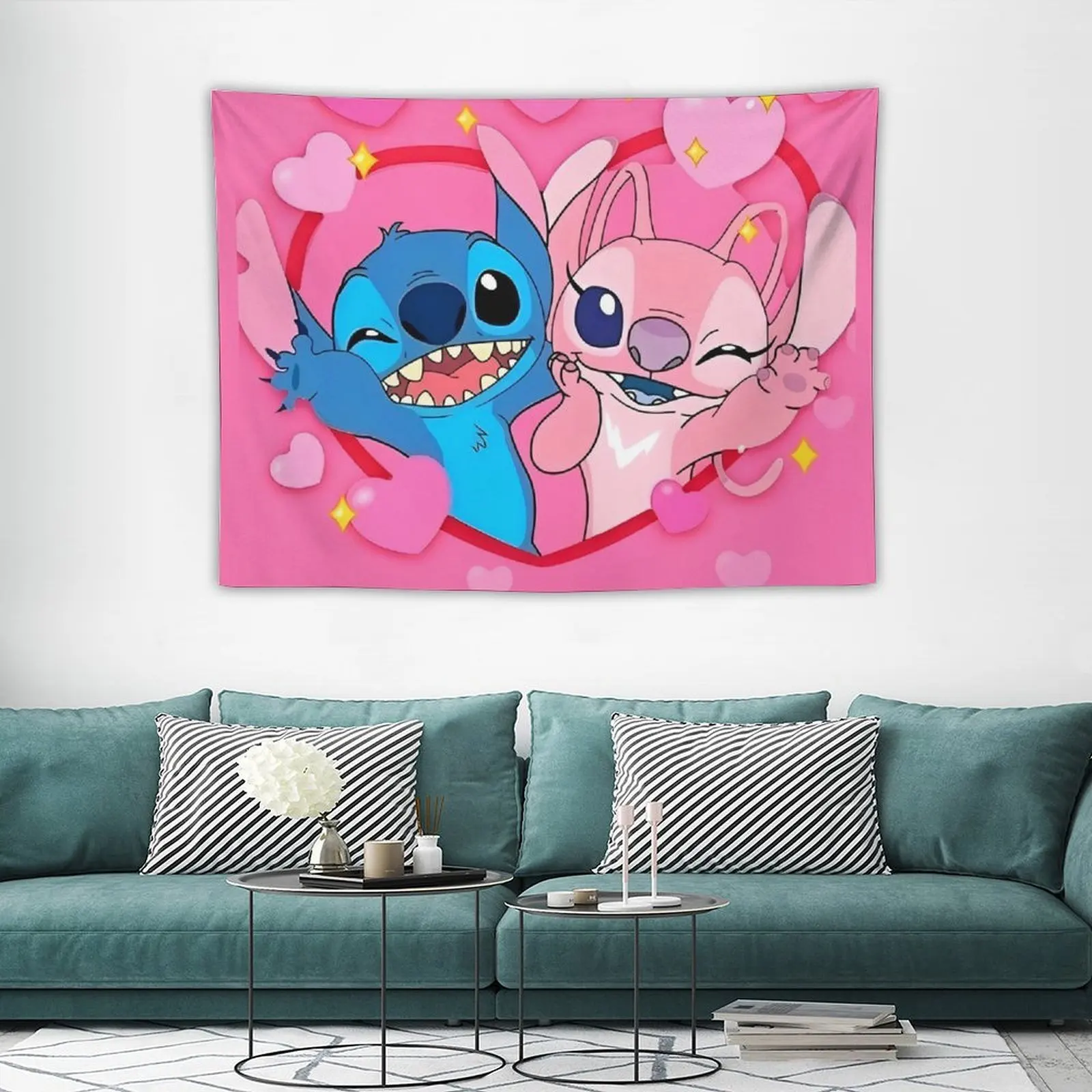 

Stitch And Angel Tapestry Hanging Cartoon Comic Wall Tapestries Bedroom Living Room Home Background Cloth Decorative Blanket