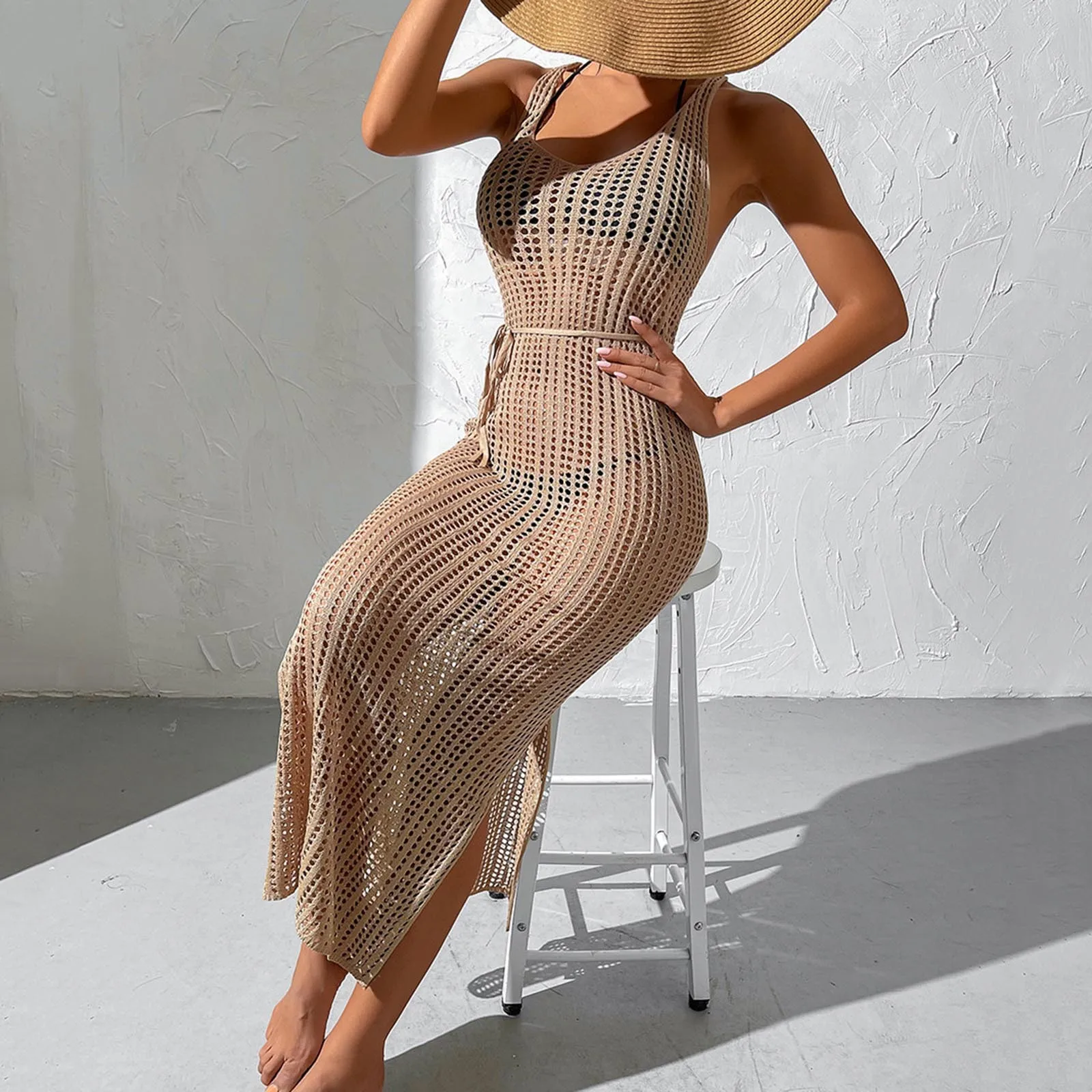 Bikini Cover Ups Women Solid Color Hollow Sleeveless Backless Belted Holiday Beach Dress with Side Slits Swimwear Blouse