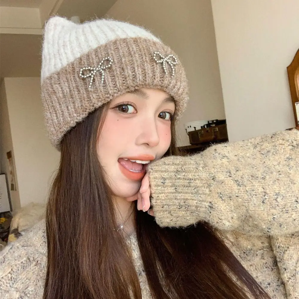 Casual Contrast Color Cat Ear Knitted Hat Bow Warm Cap Crochet Basin Cap Wool Hat Jennie Style Knit Beanie Autumn