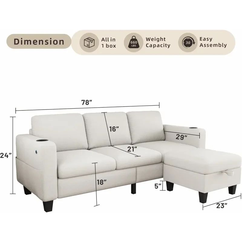 Sectional Sofa Couches for Living Room - 78'' Dark Grey 3 Seat L-Shaped Couch with Storage Ottoman, Modern Linen Convertible S