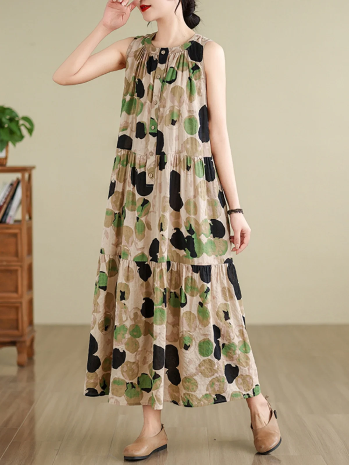Color Blo Polka Dot Print Cotton Lin Gilet lungo Svel Dr Dimagrante A-Line Dr Casual Vita alta Estate Dr