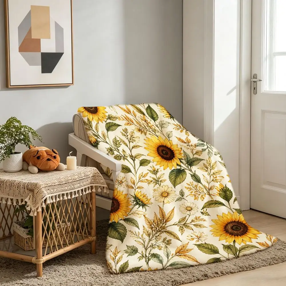 1pc Sunflower Botanical Printed Throw Blanket, Soft Warm Plush Decor Blanket for Sofa, Rustic Floral Blanket for Living Room