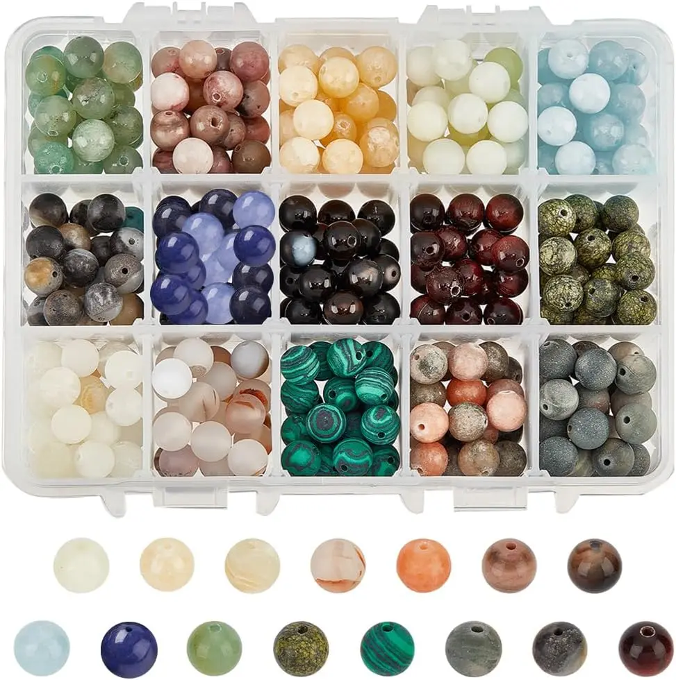 375 Pcs 15 Styles Beads 8mm Mixed Stone Spacer Beads Round Loose Beads Engry Crystals Beading for DIY Bracelet Necklaces Jewelry