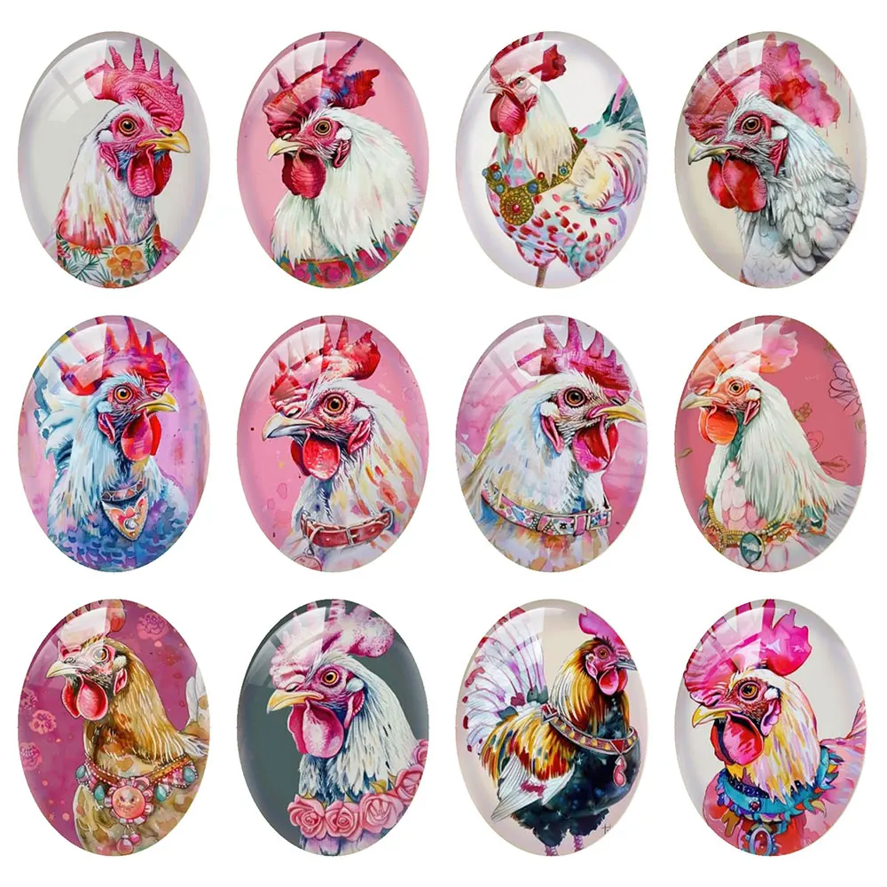 Random Mixed Round/Oval/Square Pink Watercolor Rooster Easter Photo Glass Cabochon Flatback Demo Cameo For Diy Jewelry Making